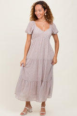 Light Taupe Floral Chiffon Tiered Maxi Dress