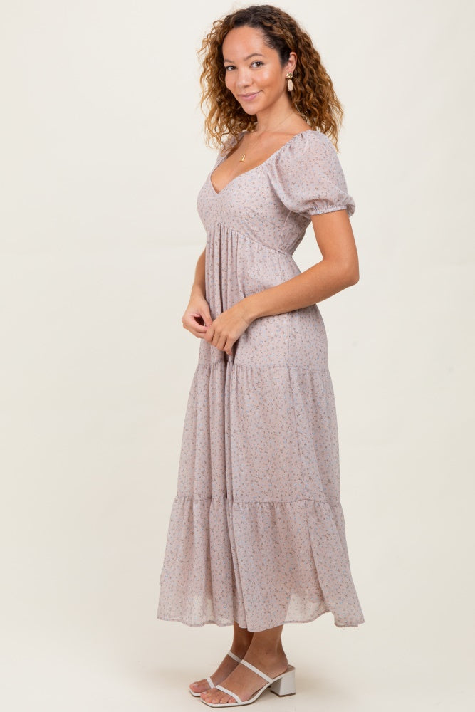 Light Taupe Floral Chiffon Tiered Maxi Dress