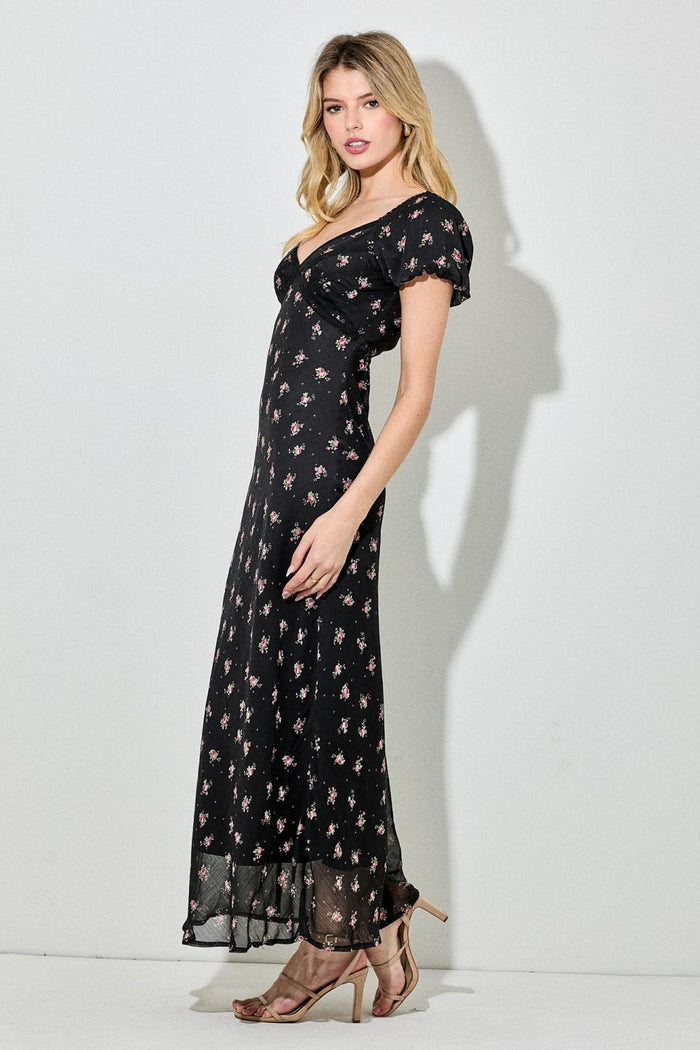 Black Floral Chiffon Midi Dress