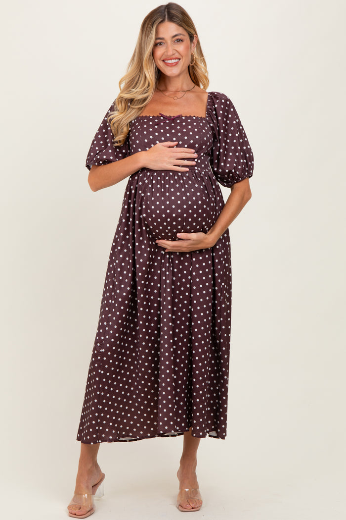 Brown Polka Dot Square Neck Maternity Midi Dress