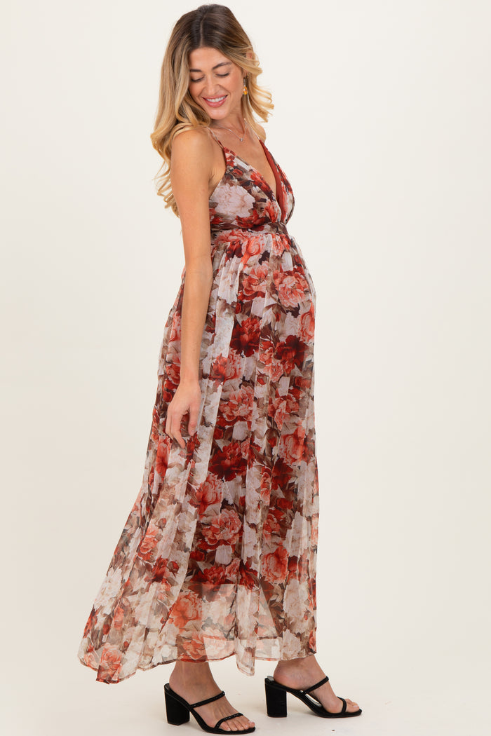 Burgundy Floral Deep V-Neck Open Back Maternity Maxi Dress