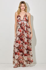 Burgundy Floral Deep V-Neck Open Back Maxi Dress