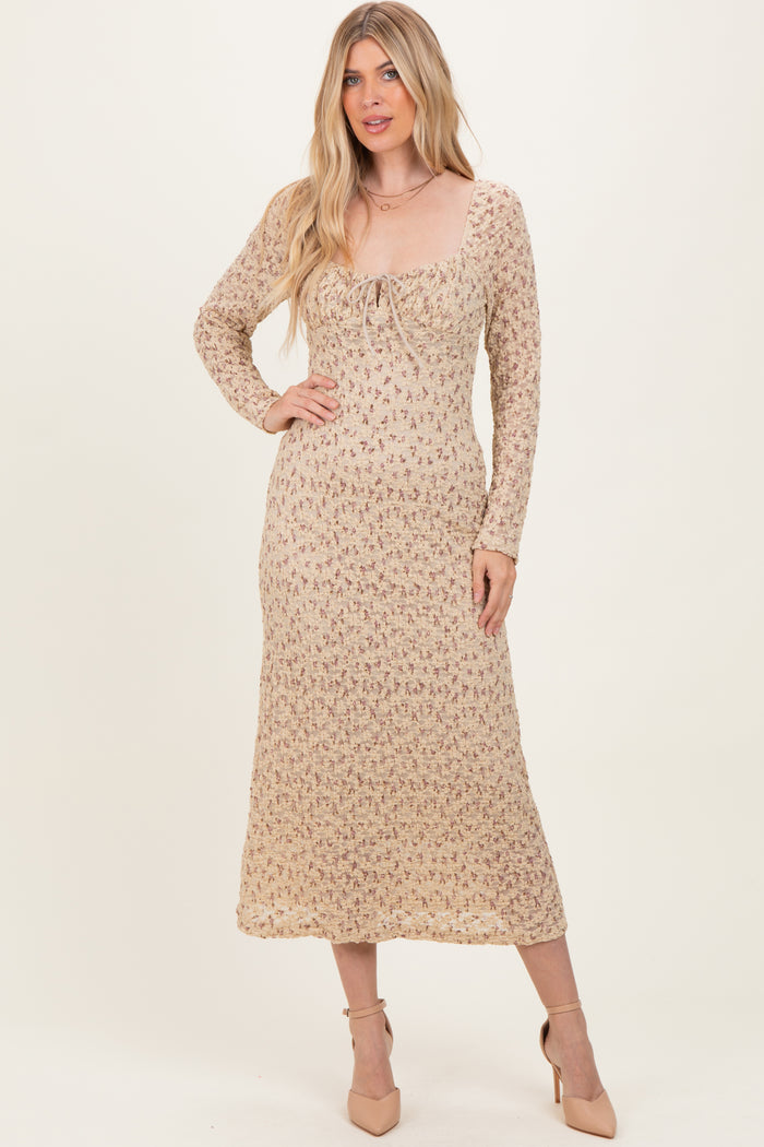Beige Floral Sweetheart Neckline Long Sleeve Maxi Dress