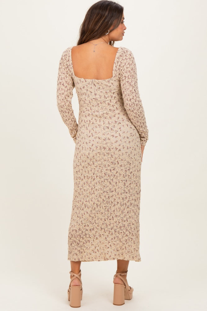 Beige Floral Sweetheart Neckline Long Sleeve Maternity Maxi Dress