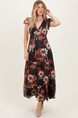 Black Floral Chiffon V-Neck Maxi Dress
