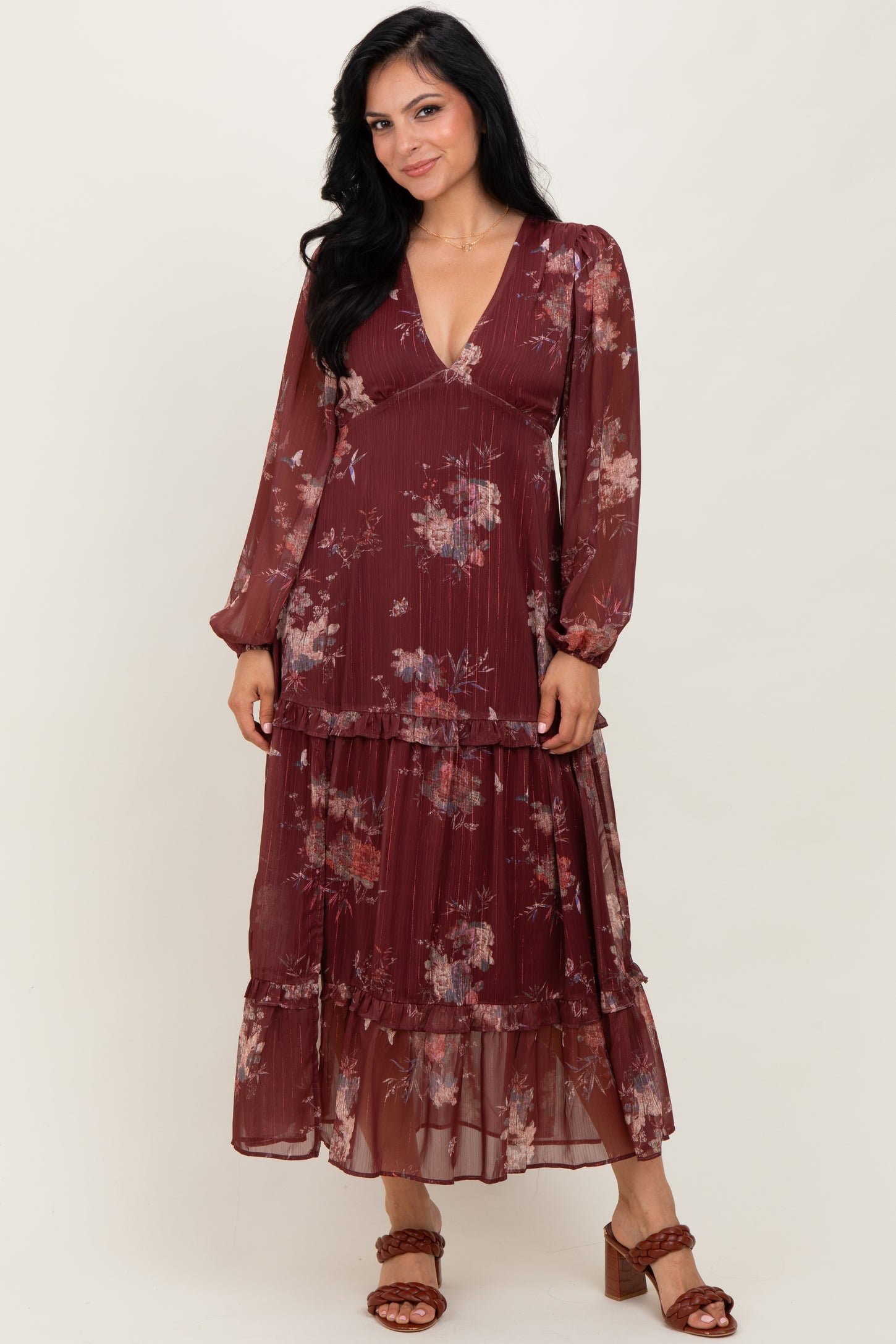 Burgundy Floral Chiffon V-Neck Long Sleeve Maxi Dress