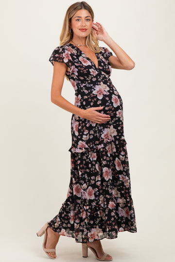 Black Floral V-Neck Side Silt Maternity Maxi Dress