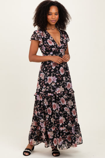 Black Floral V-Neck Side Silt Maxi Dress