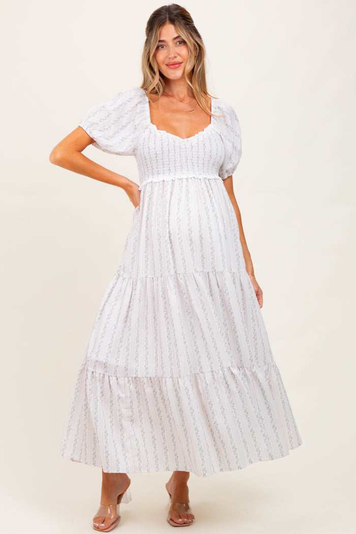 Ivory Floral Stripe Tiered Maternity Maxi Dress