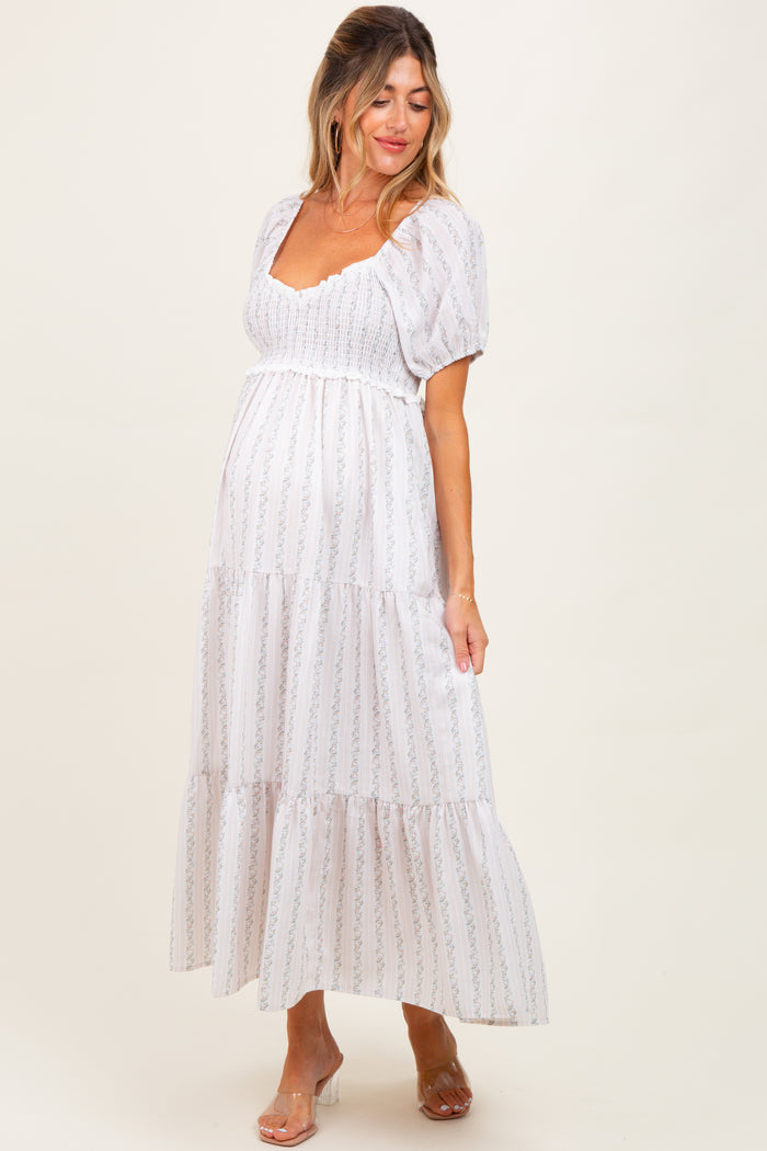 Ivory Floral Stripe Tiered Maternity Maxi Dress