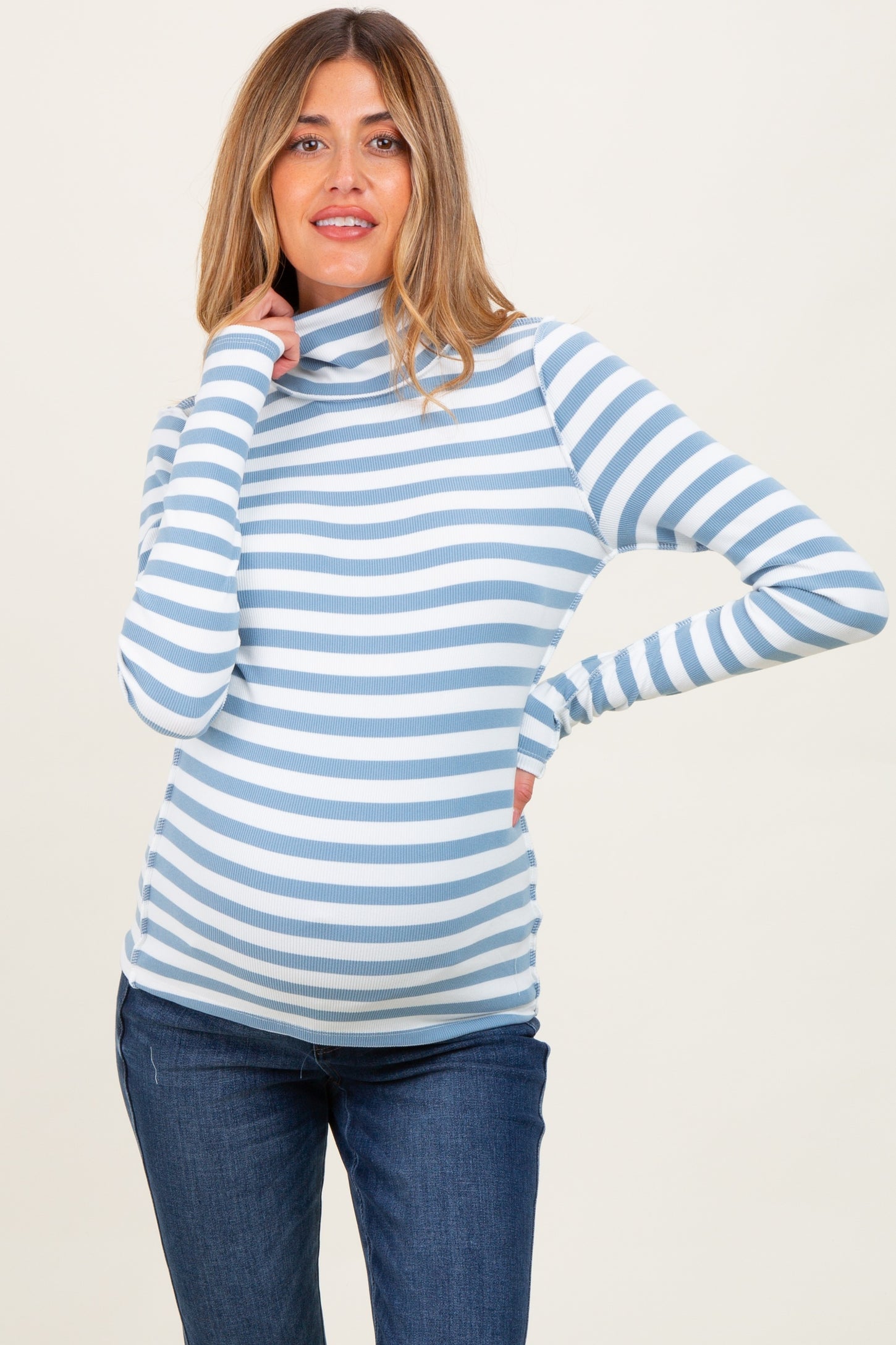Blue Striped Turtleneck Maternity Long Sleeve Top