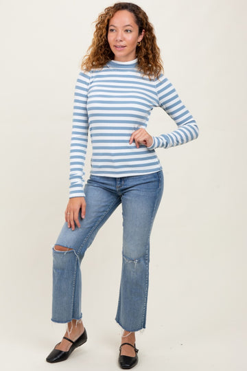 Blue Striped Turtleneck Long Sleeve Top