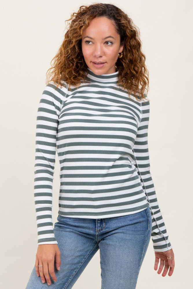 Olive Striped Turtleneck Long Sleeve Top