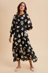 Black Floral Textured Bubble Sleeve Midi Dress