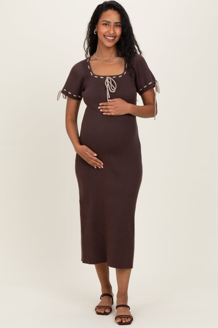 Brown Ribbed Knit Stitch Detail Maternity Midi Dress