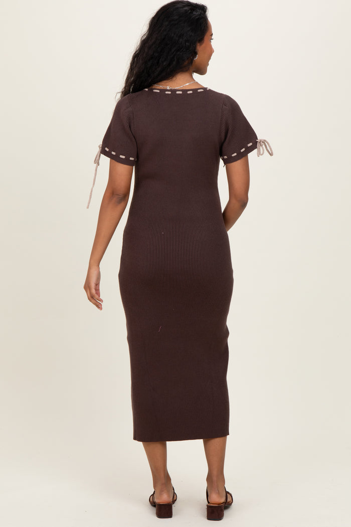 Brown Ribbed Knit Stitch Detail Maternity Midi Dress