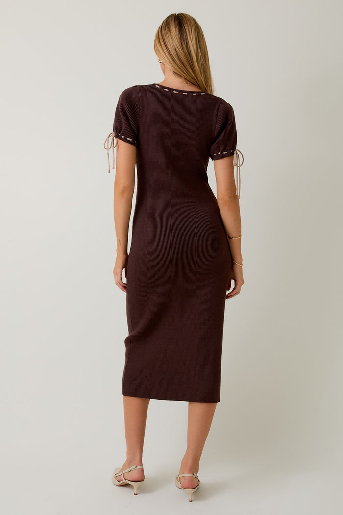 Brown Ribbed Knit Stitch Detail Midi Dress