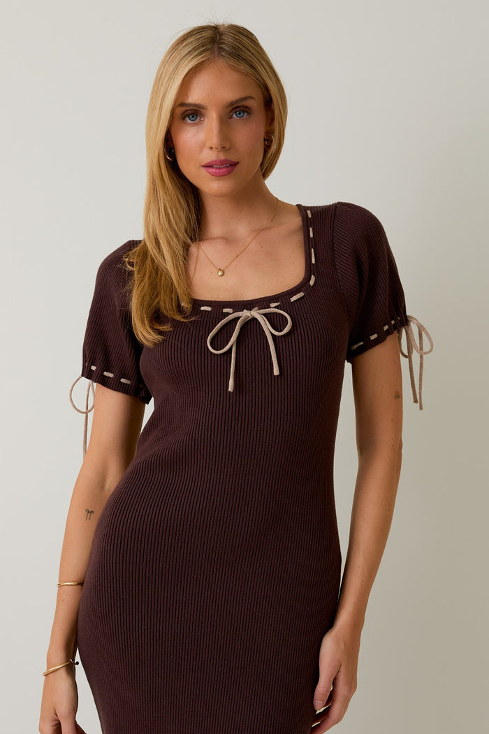 Brown Ribbed Knit Stitch Detail Midi Dress