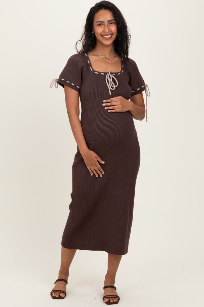 Brown Ribbed Knit Stitch Detail Maternity Midi Dress