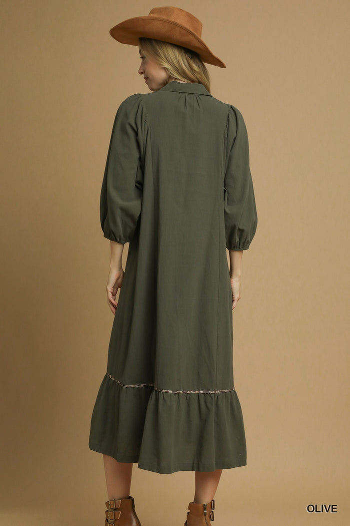 Olive V-Neck Contrast Trim 3/4 Sleeve Midi Dress