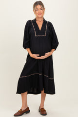 Black V-Neck Contrast Trim 3/4 Sleeve Maternity Midi Dress