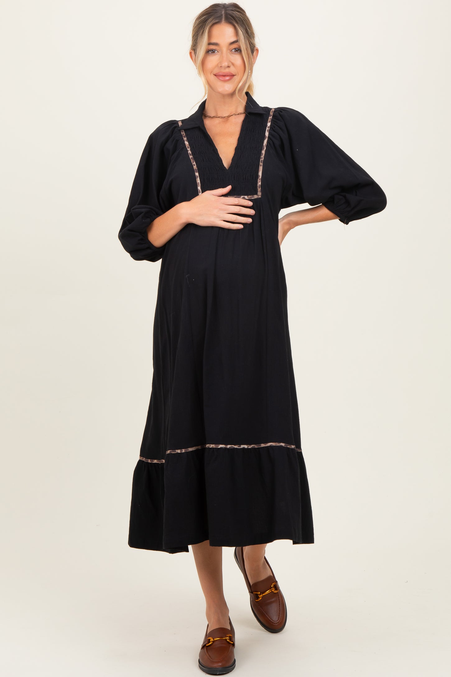 Black V-Neck Contrast Trim 3/4 Sleeve Maternity Midi Dress