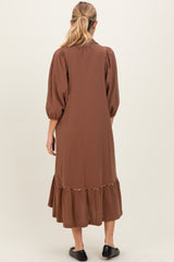 Brown V-Neck Contrast Trim 3/4 Sleeve Maternity Midi Dress