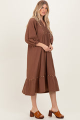 Brown V-Neck Contrast Trim 3/4 Sleeve Midi Dress