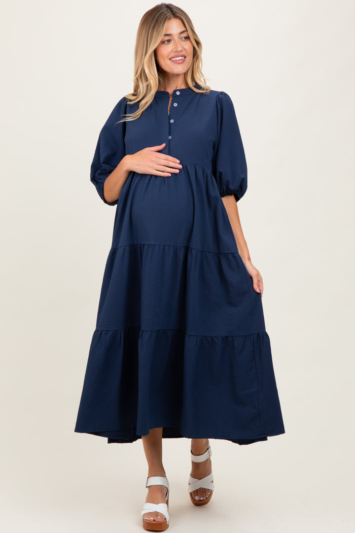 Navy Textured Tiered Puff Sleeve Maternity Midi Dress