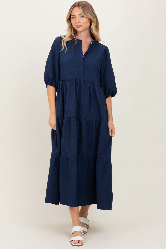 Navy Textured Tiered Puff Sleeve Maternity Midi Dress