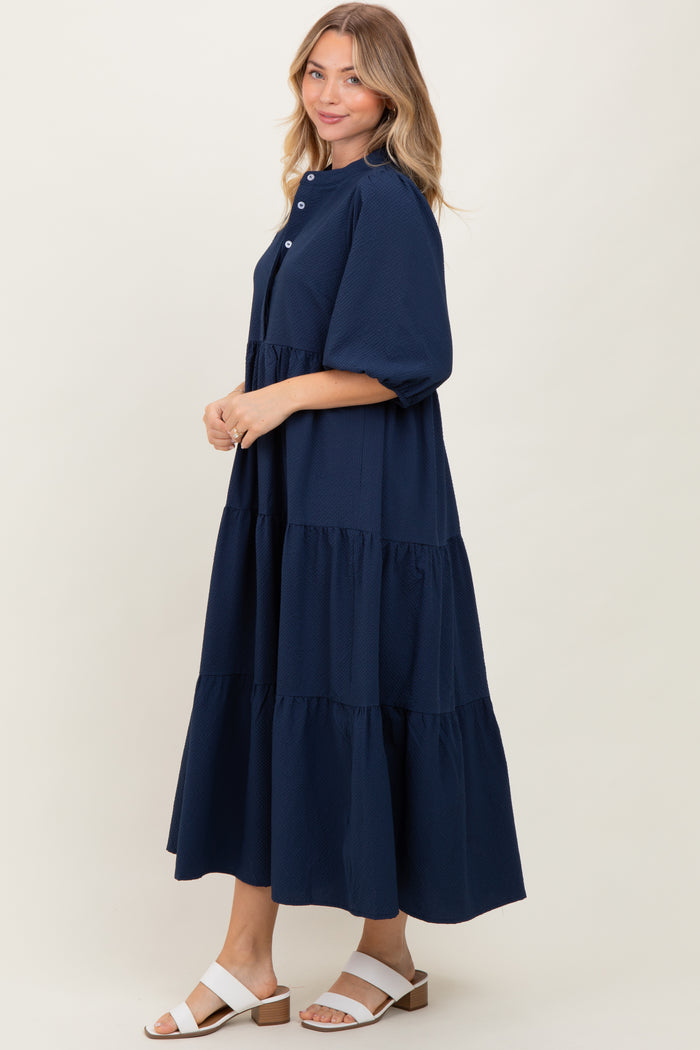 Navy Textured Tiered Puff Sleeve Midi Dress