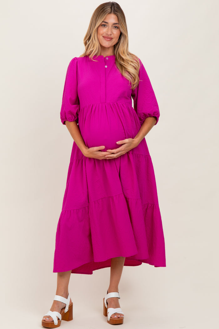 Fuchsia Textured Tiered Puff Sleeve Maternity Midi Dress