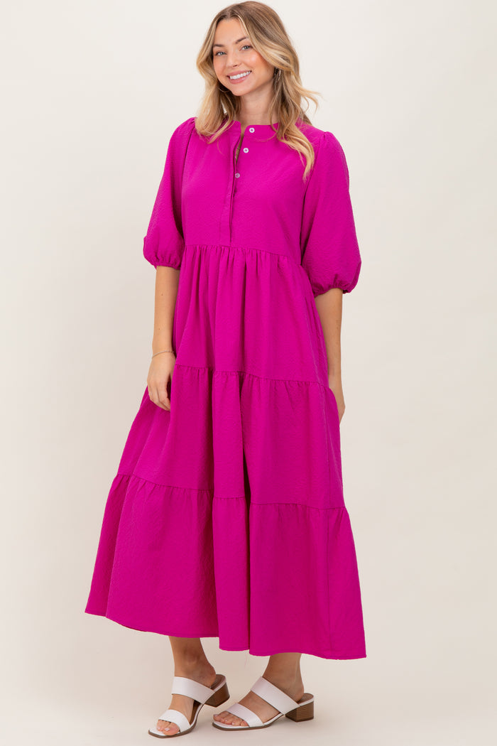 Fuchsia Textured Tiered Puff Sleeve Midi Dress
