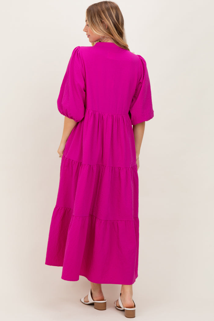 Fuchsia Textured Tiered Puff Sleeve Midi Dress
