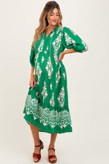 Green Damask Tassel Front Tie Tiered Maternity Midi Dress