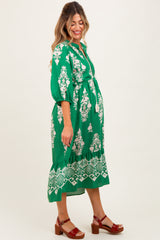 Green Damask Tassel Front Tie Tiered Maternity Midi Dress