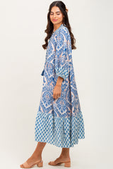 Blue Damask Tassel Front Tie 3/4 Sleeve Midi Dress