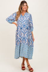 Blue Damask Tassel Front Tie 3/4 Sleeve Maternity Midi Dress