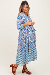 Blue Damask Tassel Front Tie 3/4 Sleeve Maternity Midi Dress