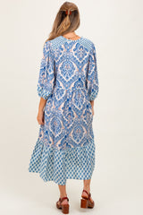 Blue Damask Tassel Front Tie 3/4 Sleeve Maternity Midi Dress