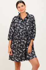 Black Floral Corduroy Button Down Maternity Shirt Dress