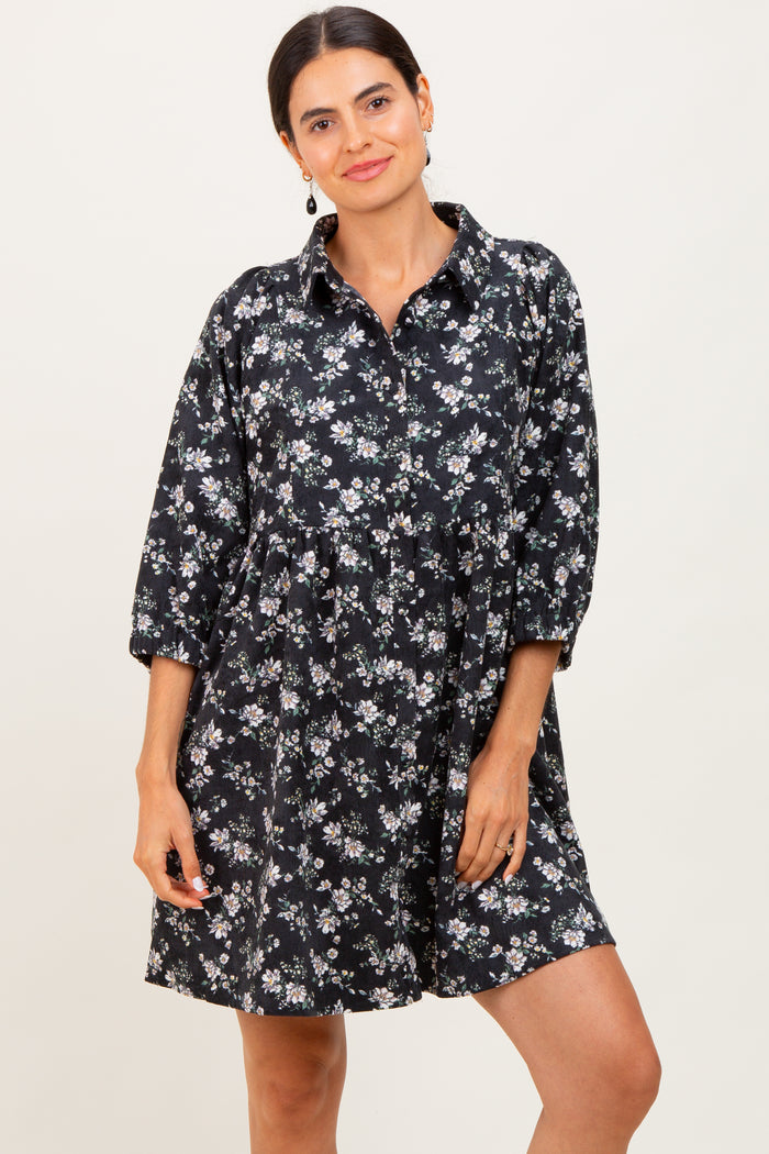 Black Floral Corduroy Button Down Maternity Shirt Dress
