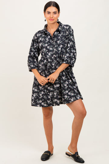 Black Floral Corduroy Button Down Shirt Dress