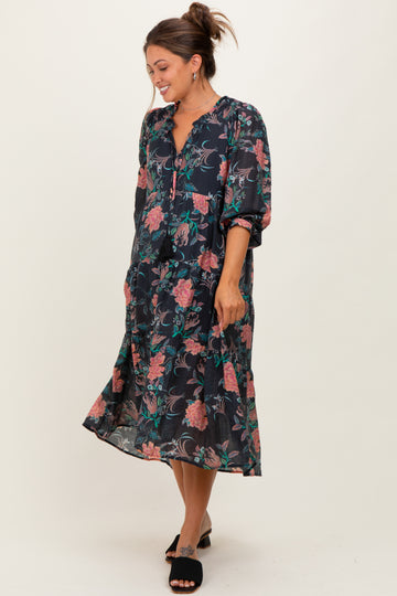 Black Floral Front Tie Tiered Maternity Midi Dress