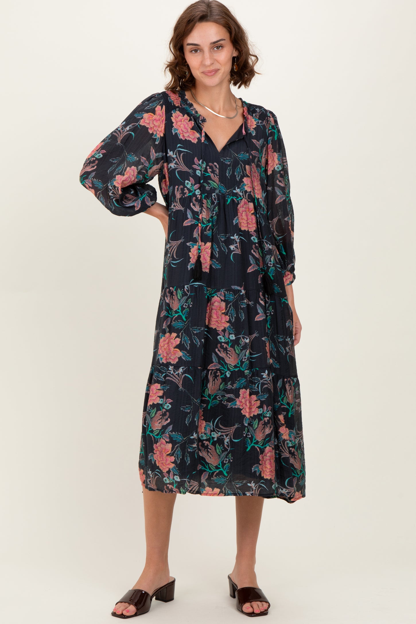 Black Floral Front Tie Tiered Midi Dress