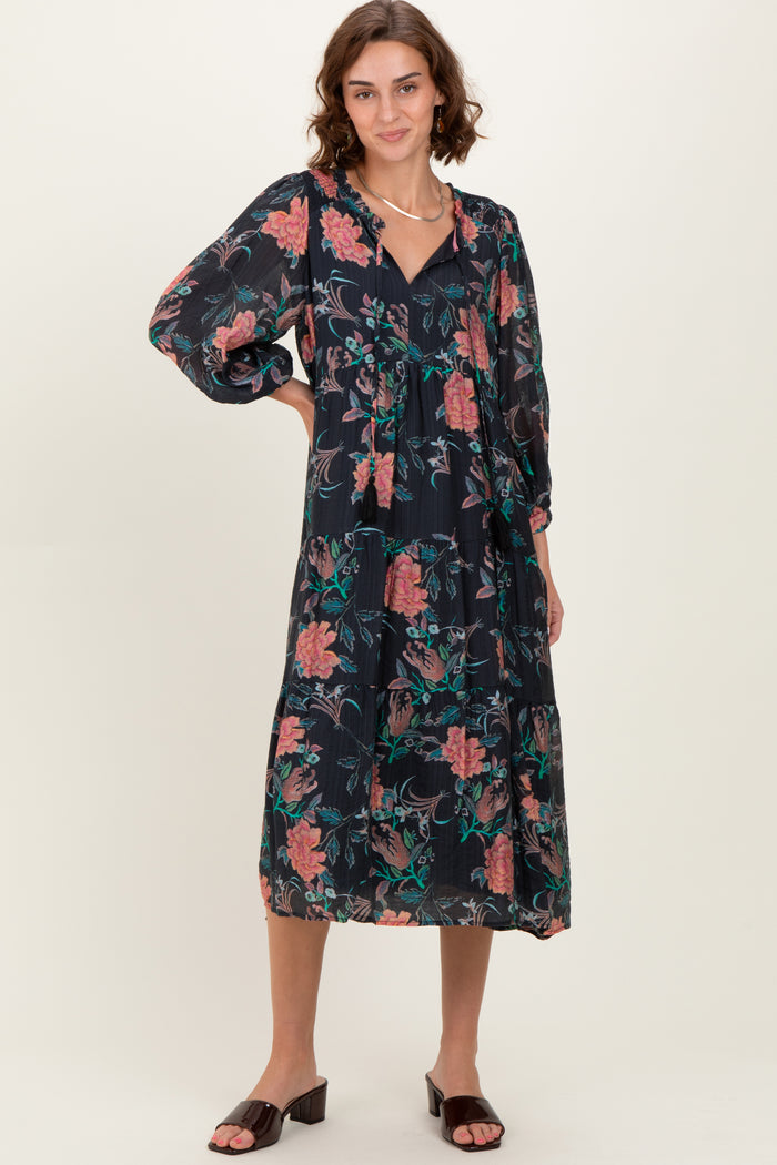 Black Floral Front Tie Tiered Midi Dress