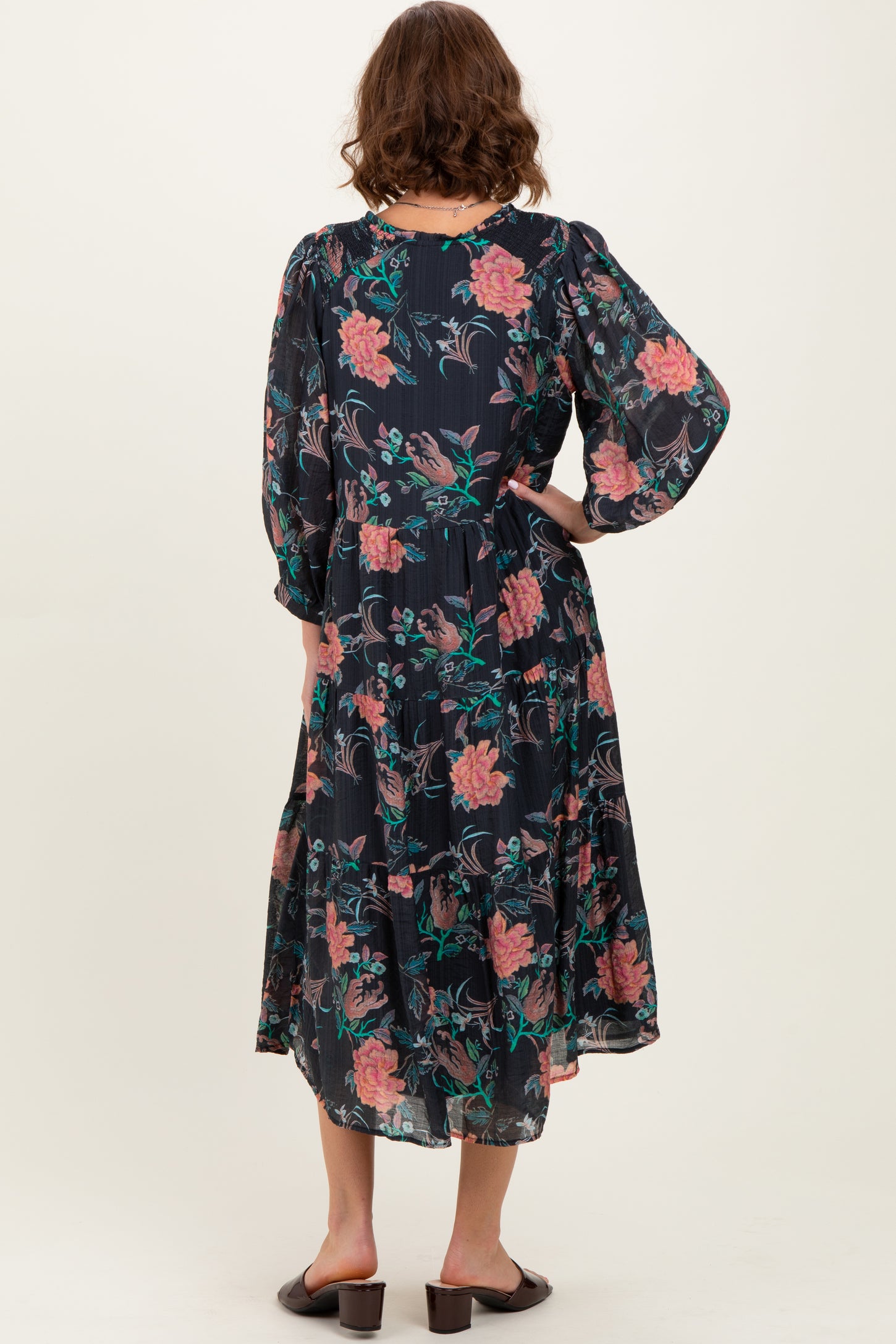 Black Floral Front Tie Tiered Midi Dress