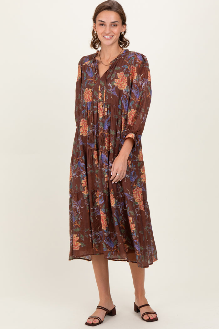 Brown Floral Front Tie Tiered Maternity Midi Dress
