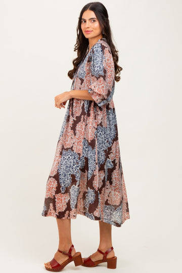 Brown Floral Chiffon Front Tie Midi Dress