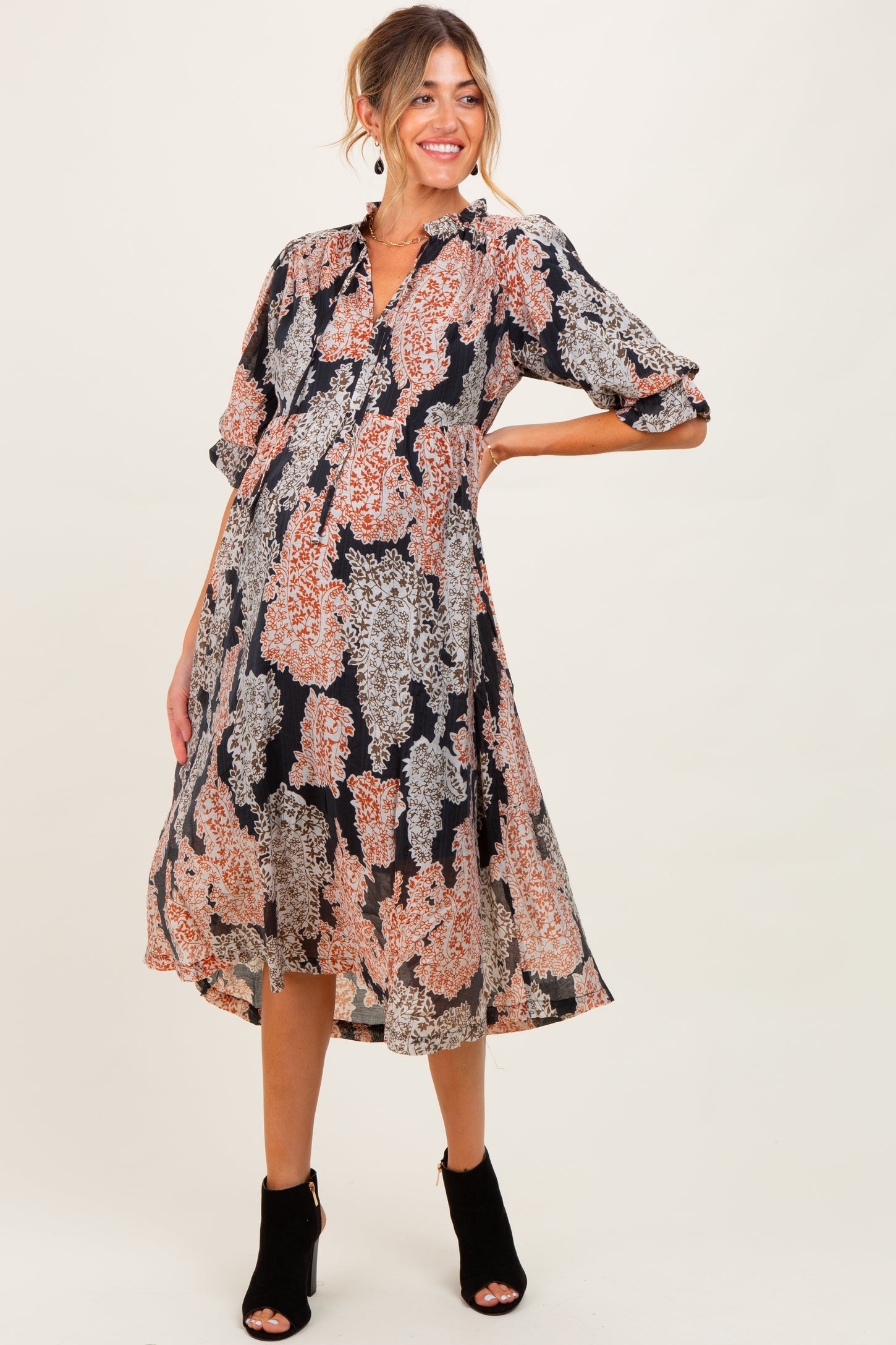 Black Floral Chiffon Front Tie Maternity Midi Dress